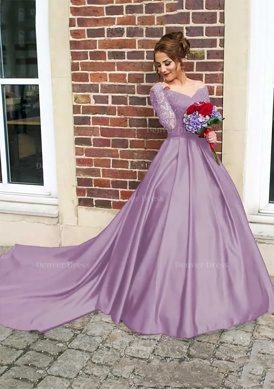 Satin Prom Dress Ball Gown V-Neck Cathedral Train With Lace