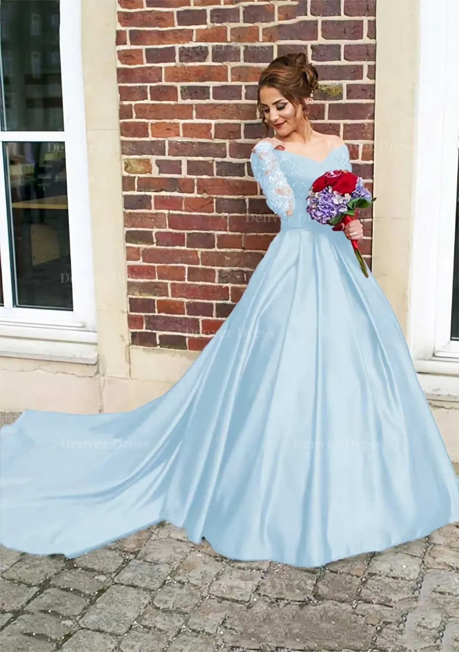 Satin Prom Dress Ball Gown V-Neck Cathedral Train With Lace