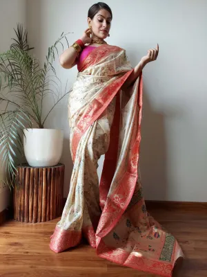 Seashell Saree with Floral Print Paithani Silk