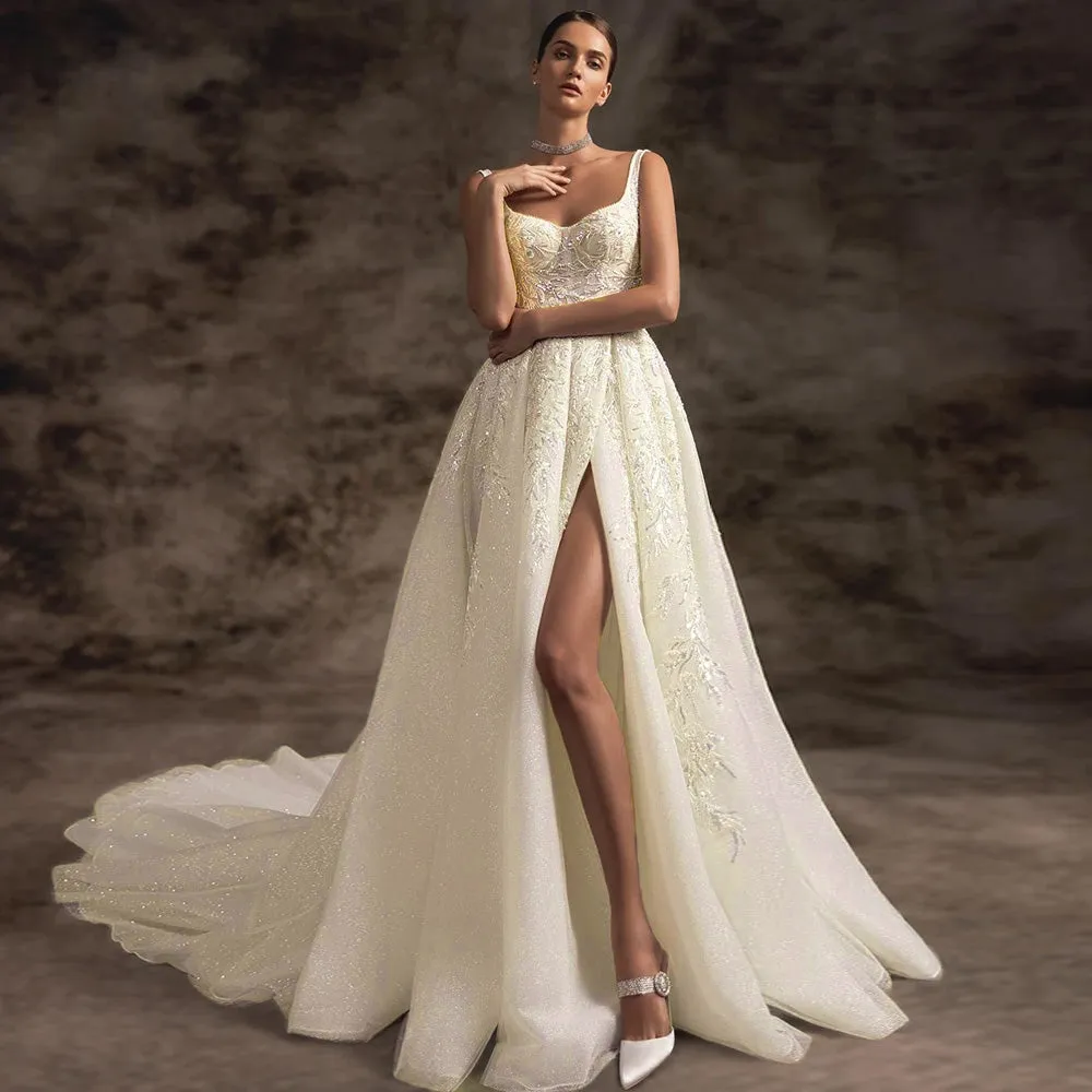 Sexy Slit A-Line Vintage Wedding Dress Luxury Spaghetti Straps Backless Court Train