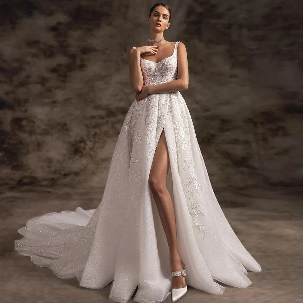 Sexy Slit A-Line Vintage Wedding Dress Luxury Spaghetti Straps Backless Court Train