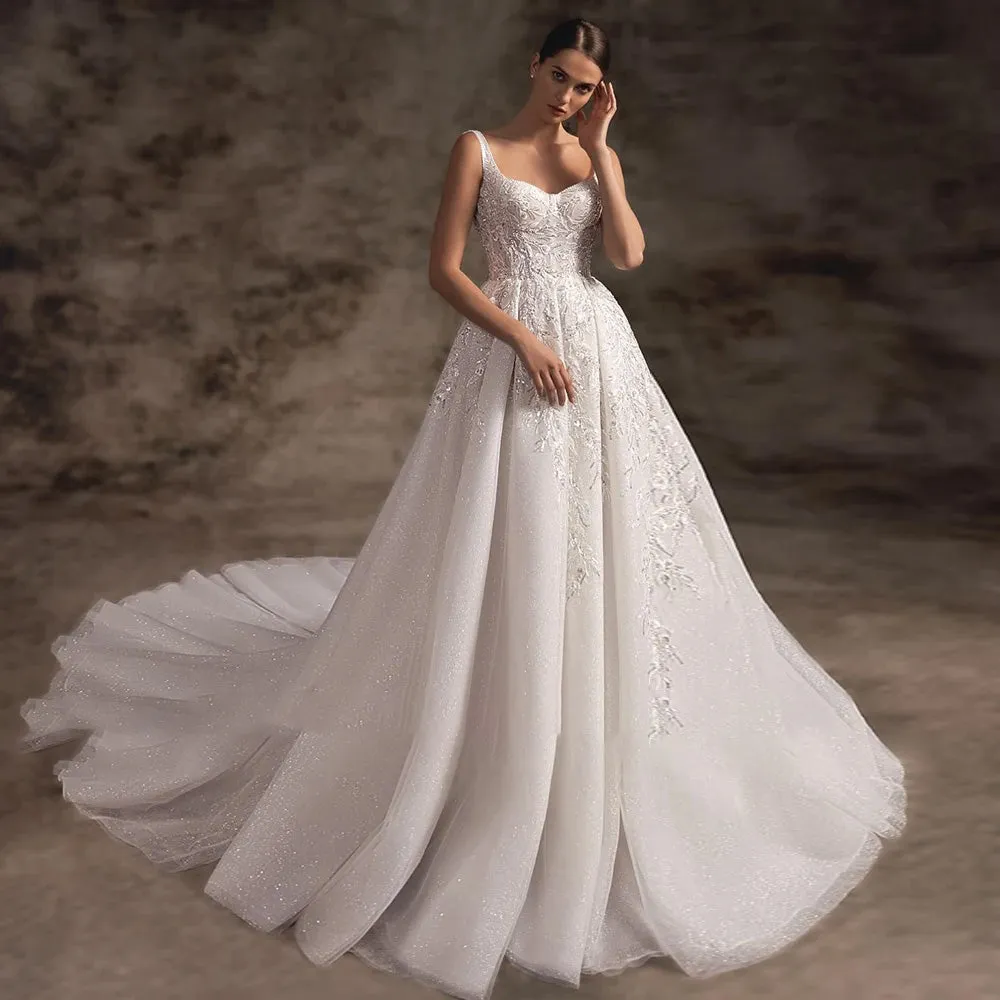 Sexy Slit A-Line Vintage Wedding Dress Luxury Spaghetti Straps Backless Court Train