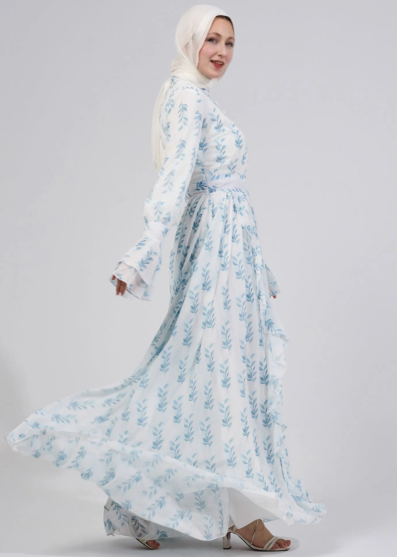 Shatha Floral Elegance Chiffon Maxi Dress with Bell Sleeves