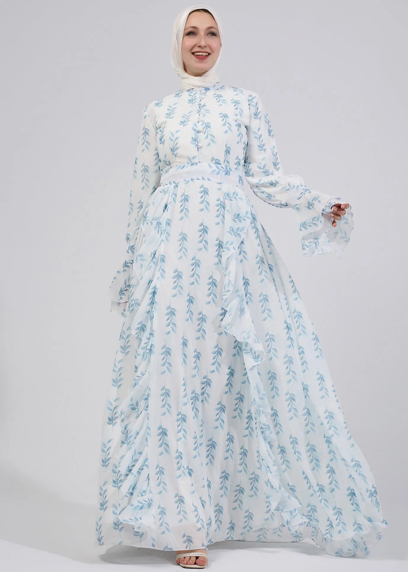 Shatha Floral Elegance Chiffon Maxi Dress with Bell Sleeves