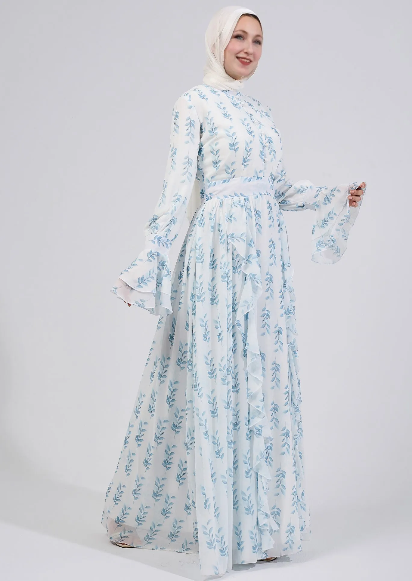 Shatha Floral Elegance Chiffon Maxi Dress with Bell Sleeves