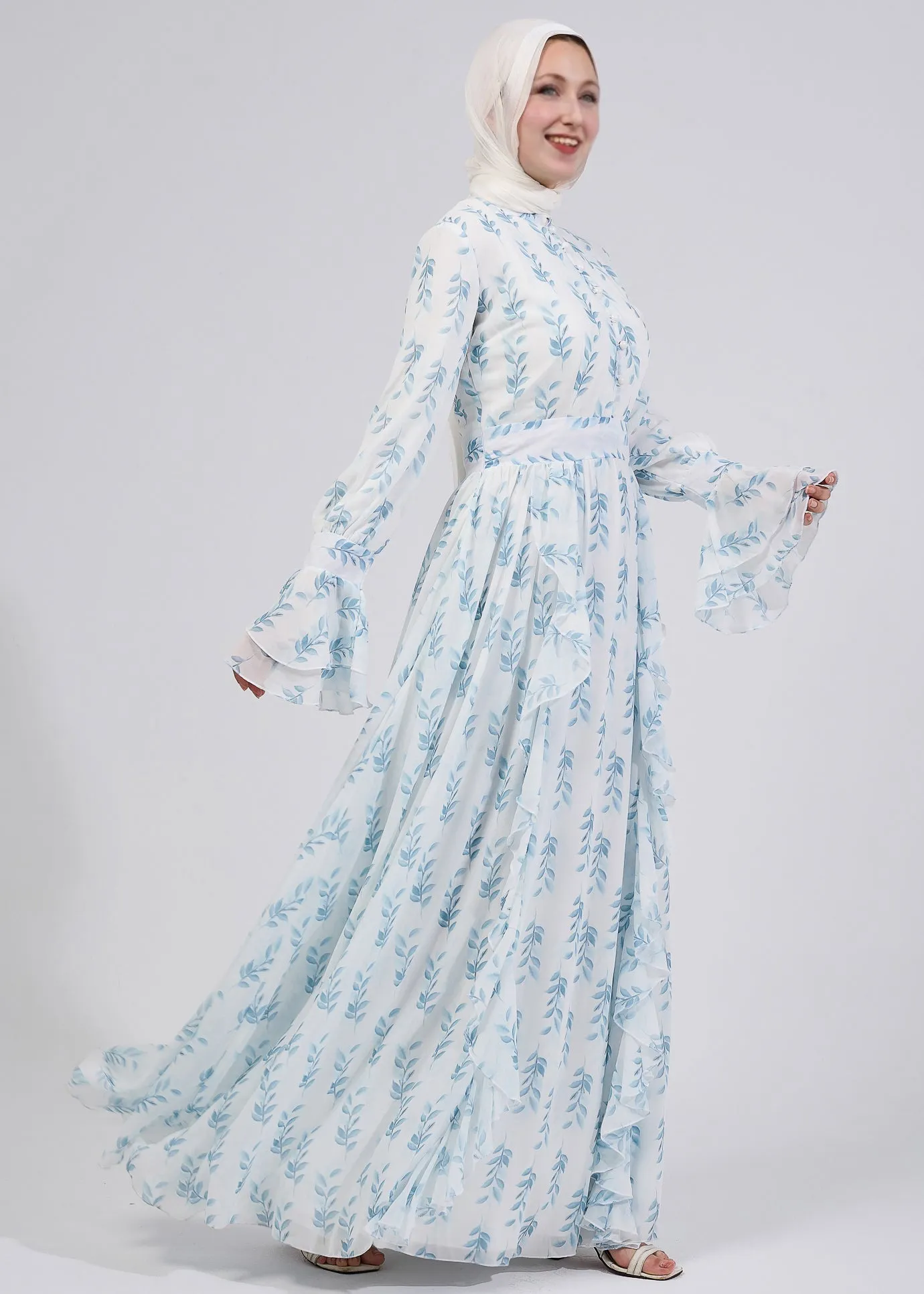 Shatha Floral Elegance Chiffon Maxi Dress with Bell Sleeves