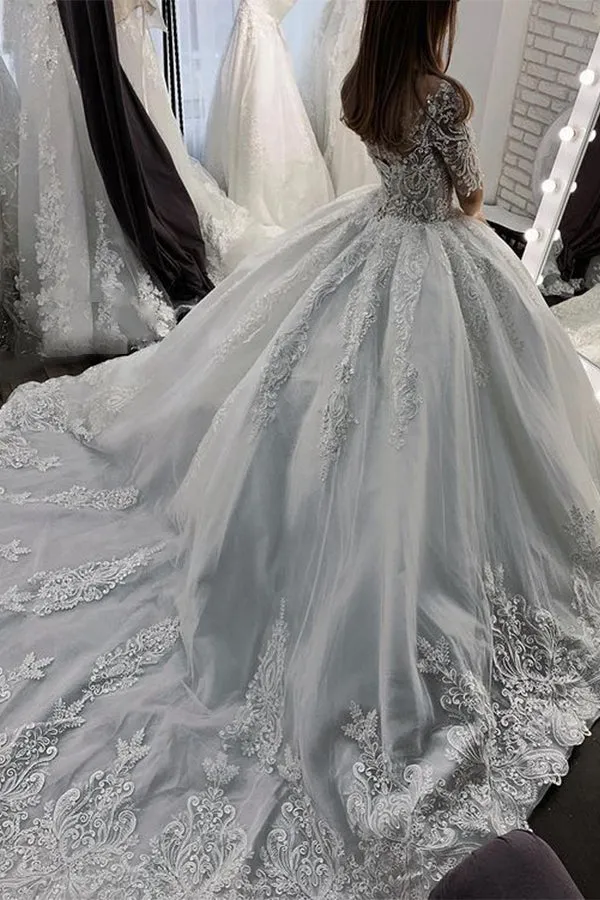 Sheer Tulle Ball Gown Wedding Dress With Appliques Short Sleeves