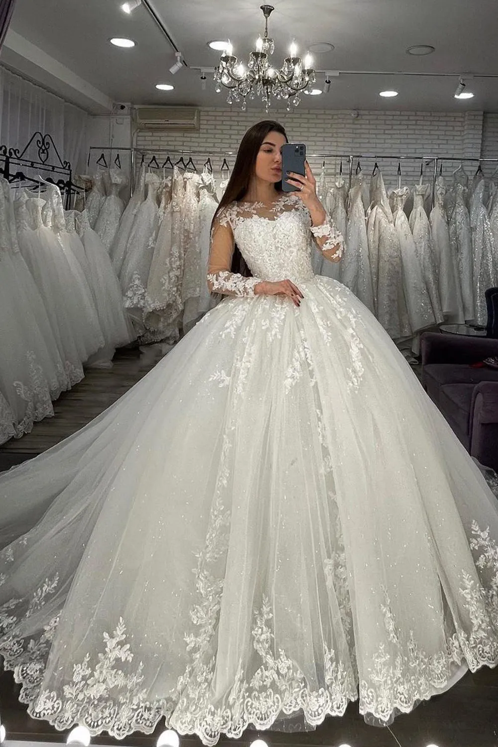 Sheer Tulle Ball Gown Wedding Dress With Long Sleeves Appliques