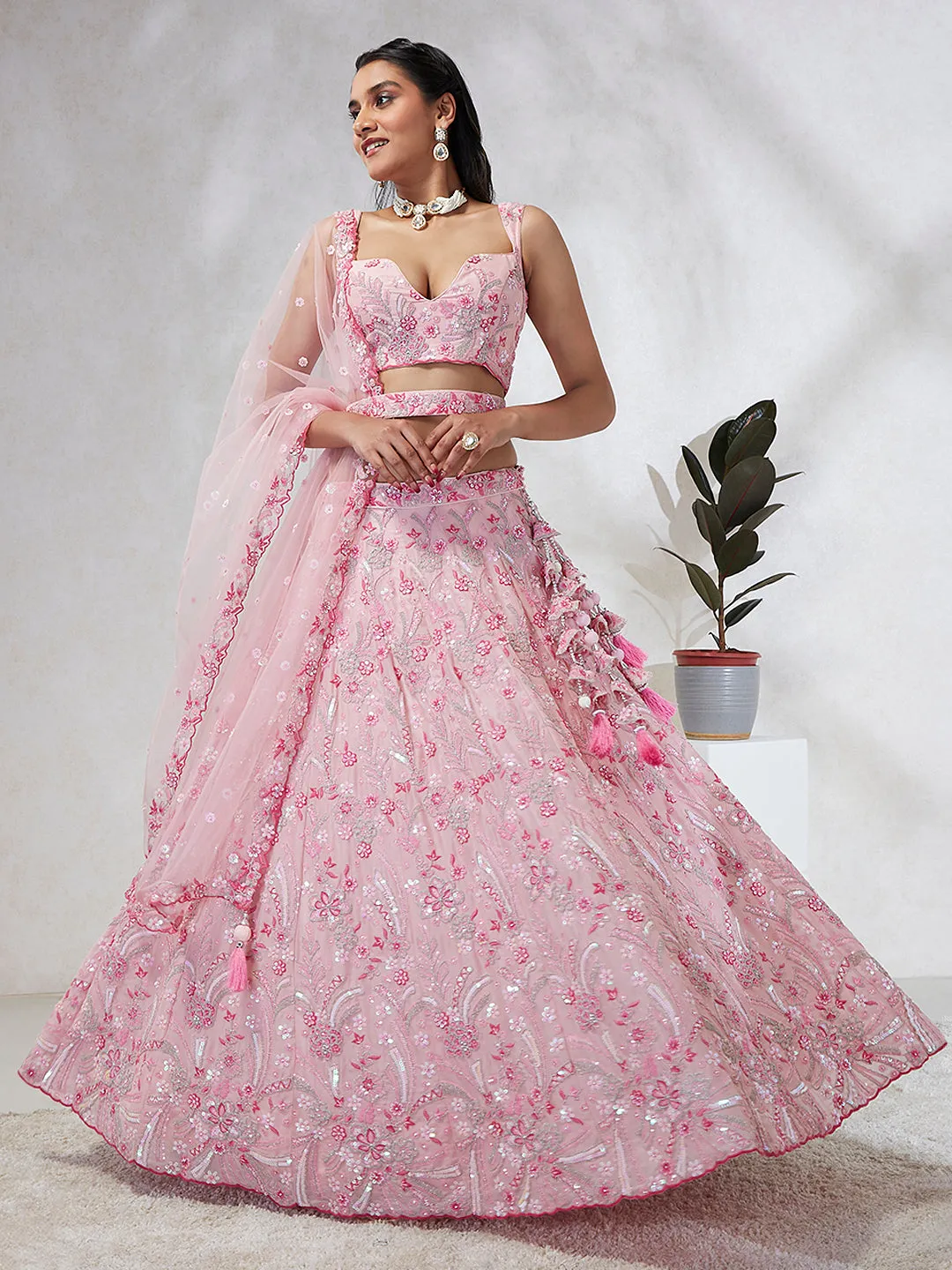 Shimmering Pink Georgette Lehenga Choli Set with Sequins & Thread Embroidery