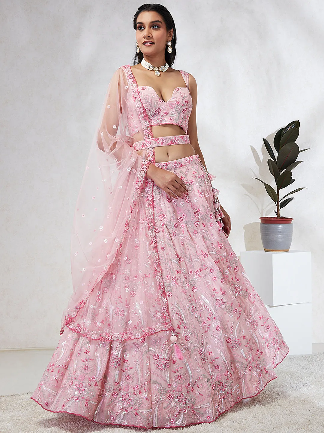 Shimmering Pink Georgette Lehenga Choli Set with Sequins & Thread Embroidery