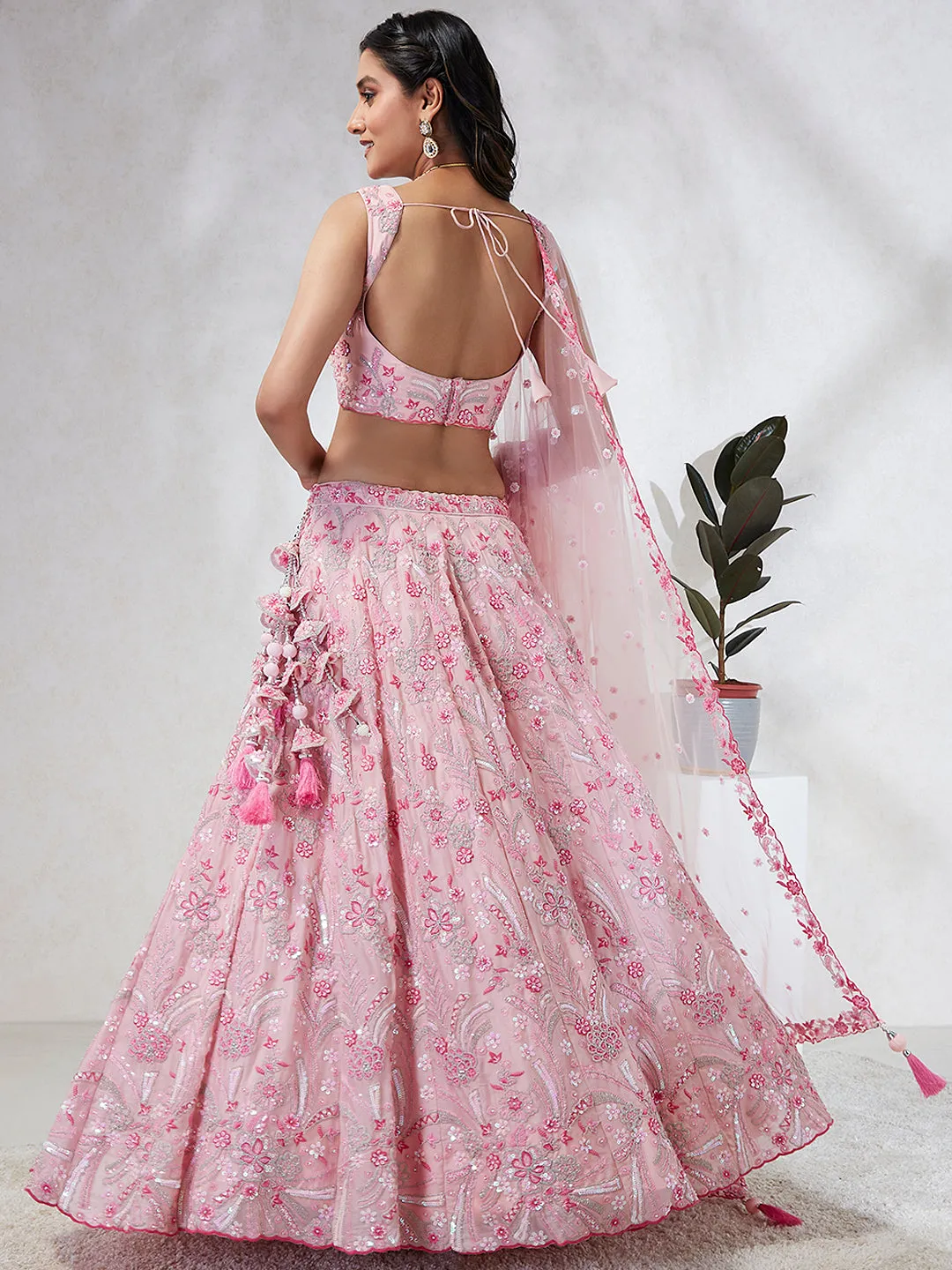 Shimmering Pink Georgette Lehenga Choli Set with Sequins & Thread Embroidery