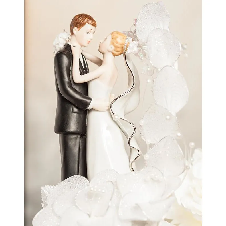 Silver and White Bride and Groom with Ivory Vintage Glitter Flower Wedding Cake Topper