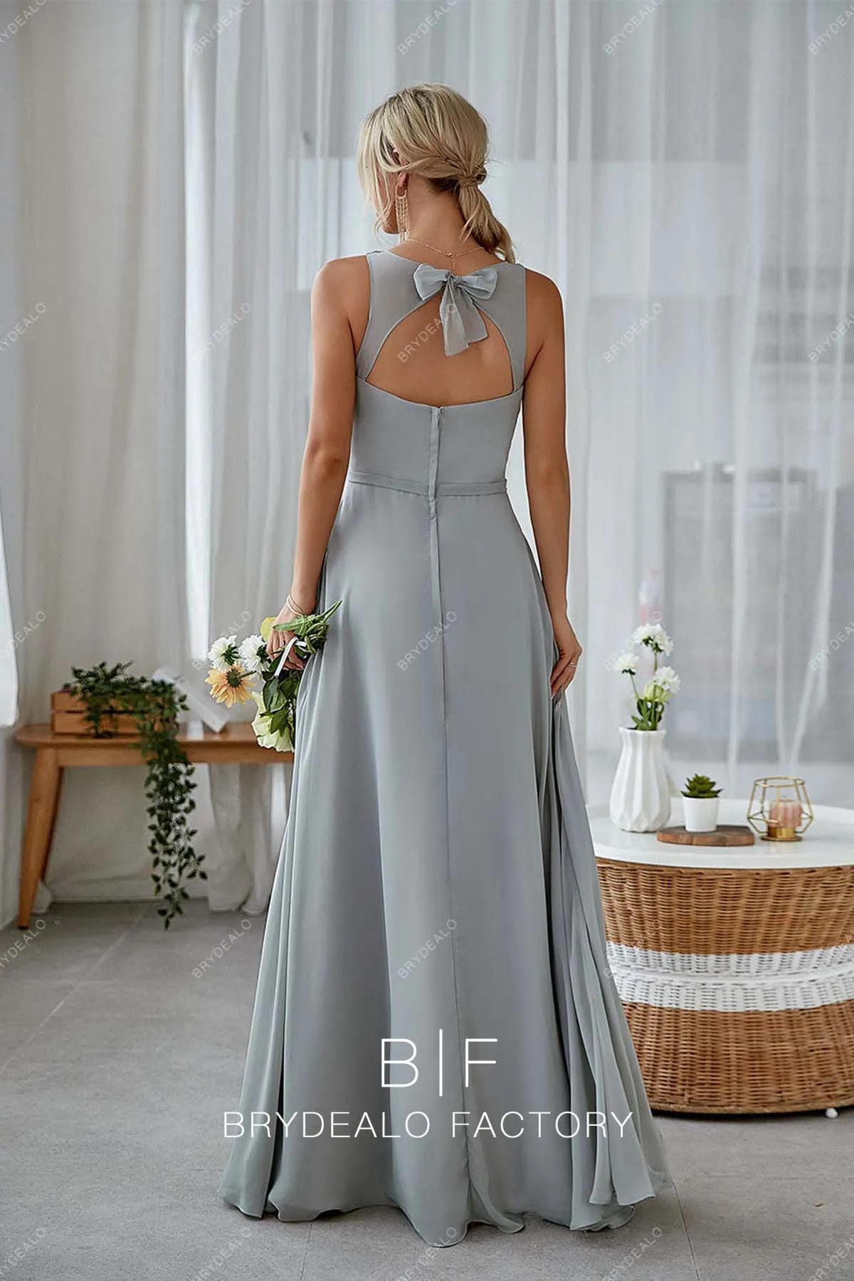 Silver Chiffon Sleeveless A-Line Floor Length Pockets Dress