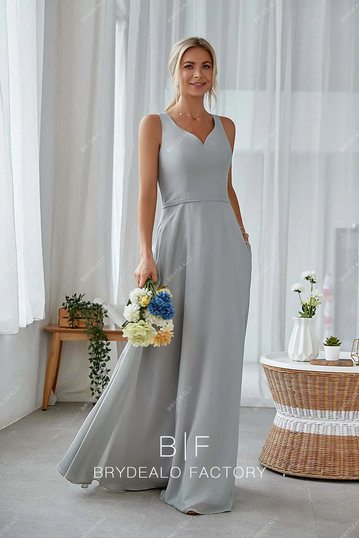 Silver Chiffon Sleeveless A-Line Floor Length Pockets Dress