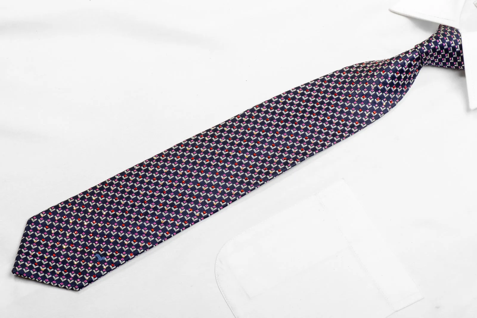 Silver Pink Geometric On Navy Rhinestone Tie With Purple Sparkles