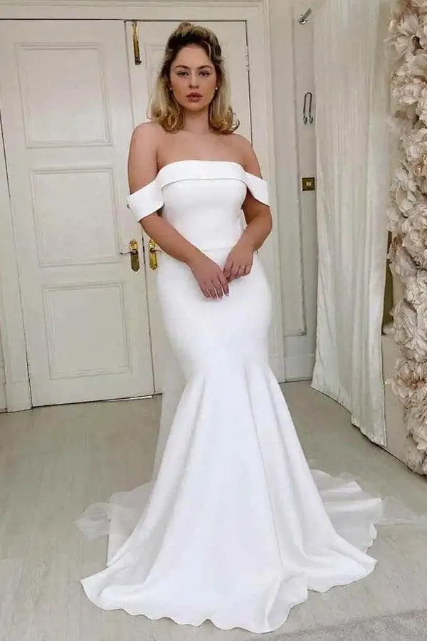 Simple Mermaid Off The Shoulder Ivory Satin Wedding Dress  WD605