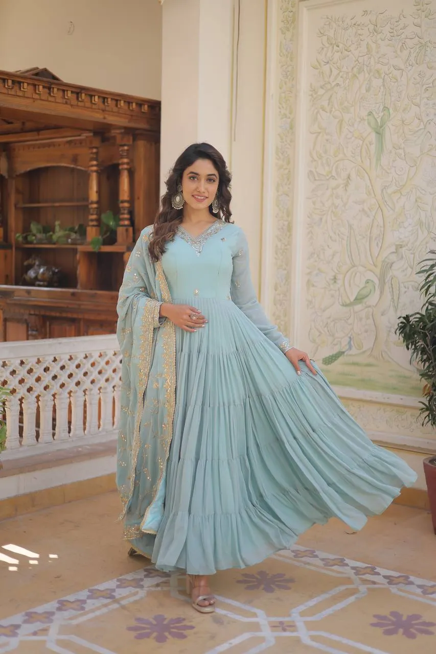 Sky Blue Captivating Unique Colored Faux Georgette Embroidered Gown with Sequined Dupatta