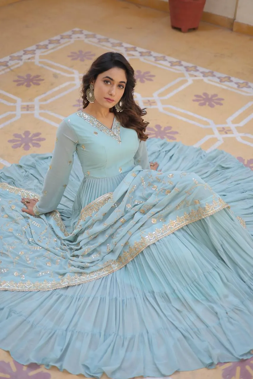 Sky Blue Captivating Unique Colored Faux Georgette Embroidered Gown with Sequined Dupatta