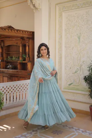 Sky Blue Captivating Unique Colored Faux Georgette Embroidered Gown with Sequined Dupatta