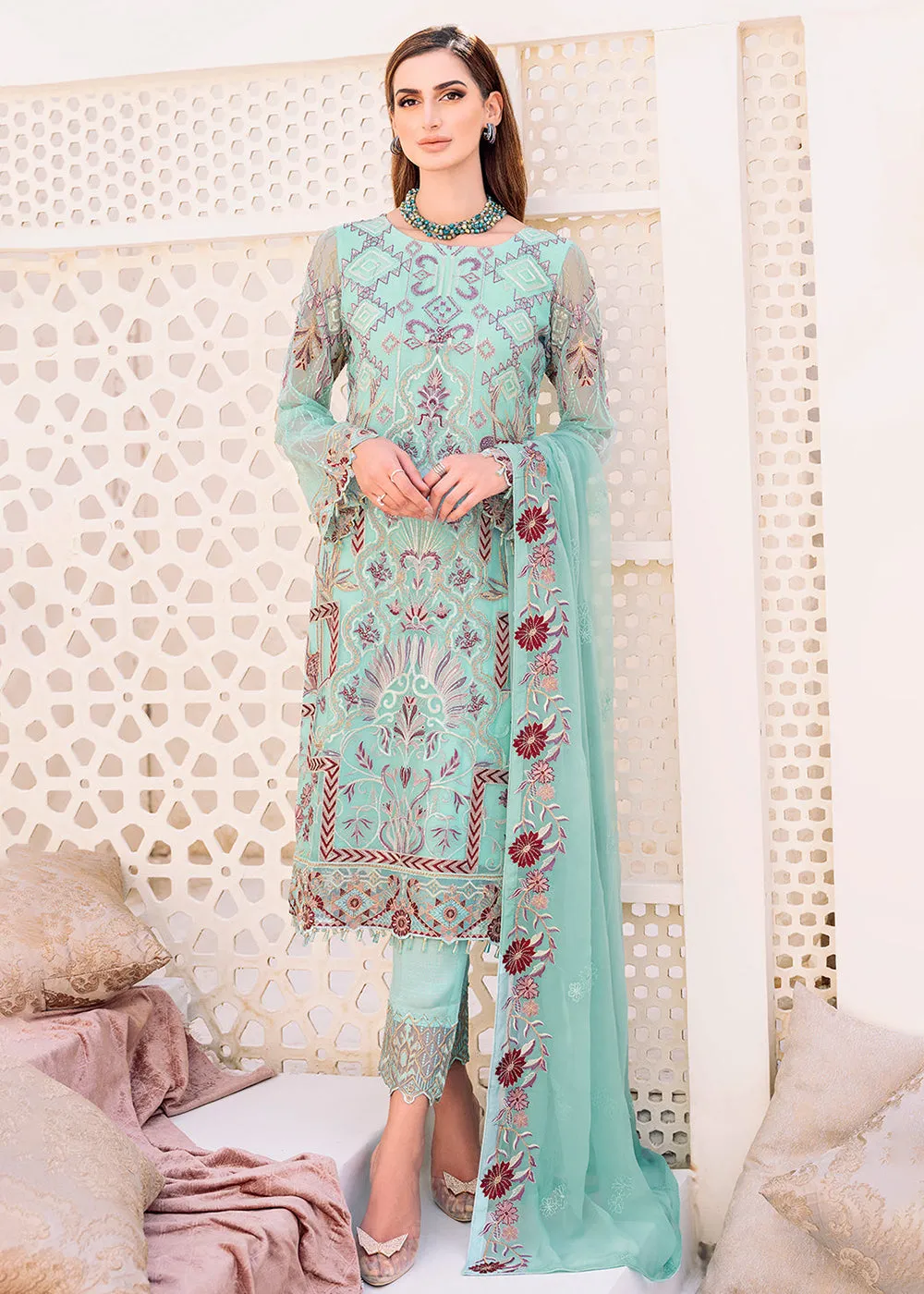 Sky Blue Embroidered Suit - Ramsha Chiffon Vol 23 - #F-2302