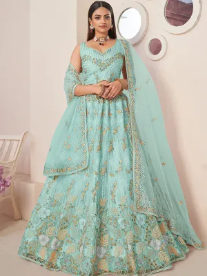 Sky Blue Net Embroidered Semi stitched Lehenga With Unstitched blouse