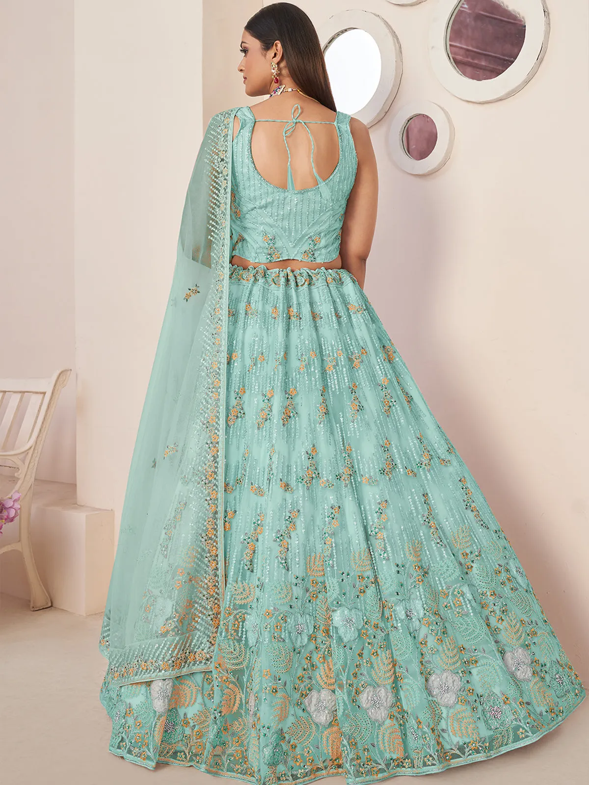 Sky Blue Net Embroidered Semi stitched Lehenga With Unstitched blouse