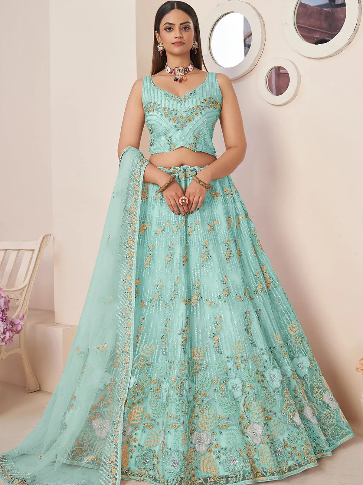 Sky Blue Net Embroidered Semi stitched Lehenga With Unstitched blouse