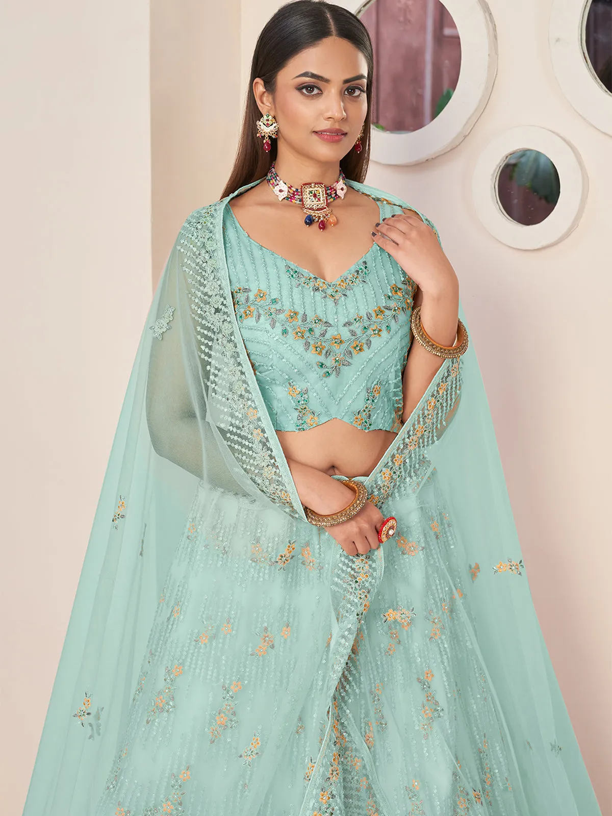 Sky Blue Net Embroidered Semi stitched Lehenga With Unstitched blouse