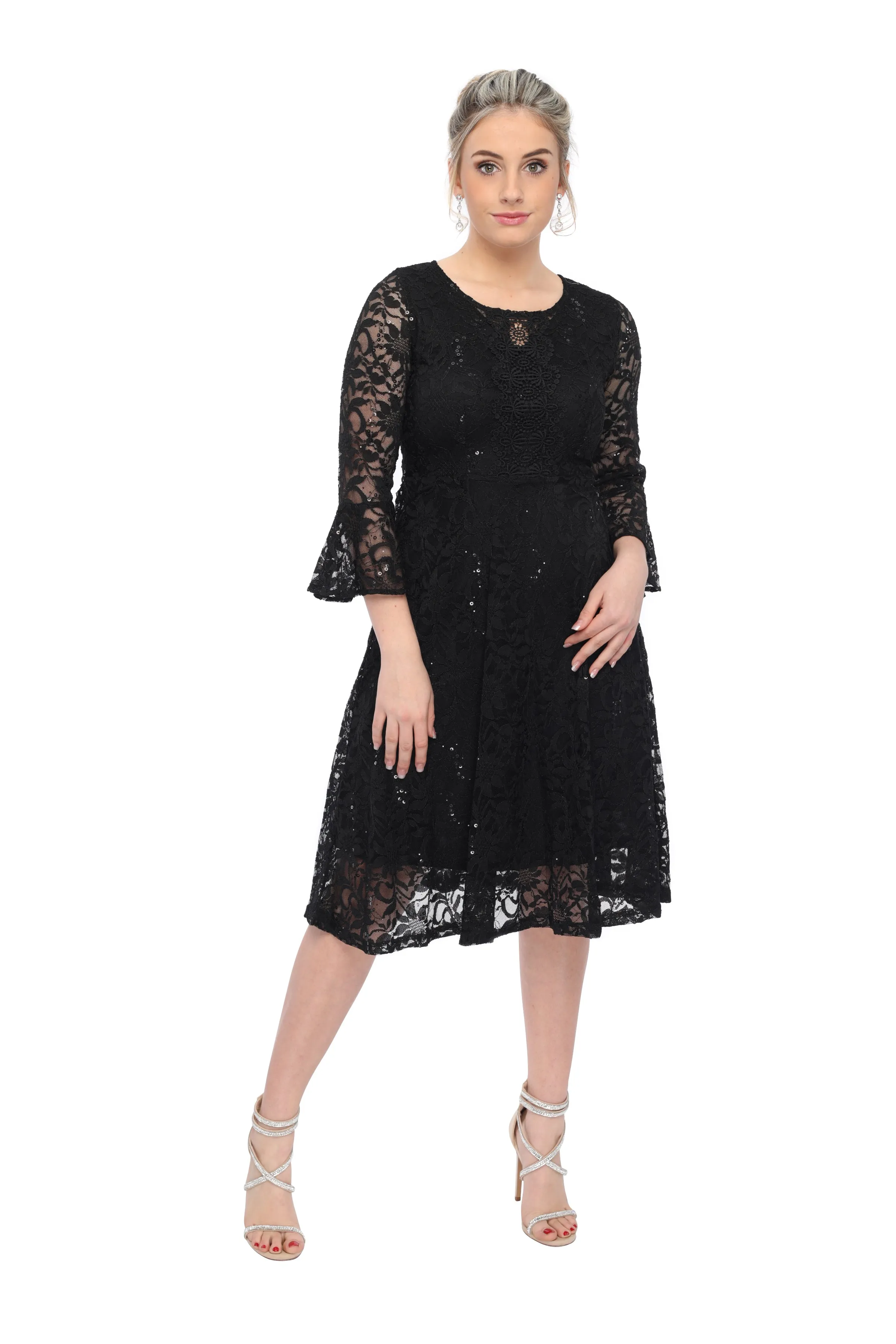 SleekTrends Women's Sequin Lace Bell Sleeve Fit and Flare Party Dress