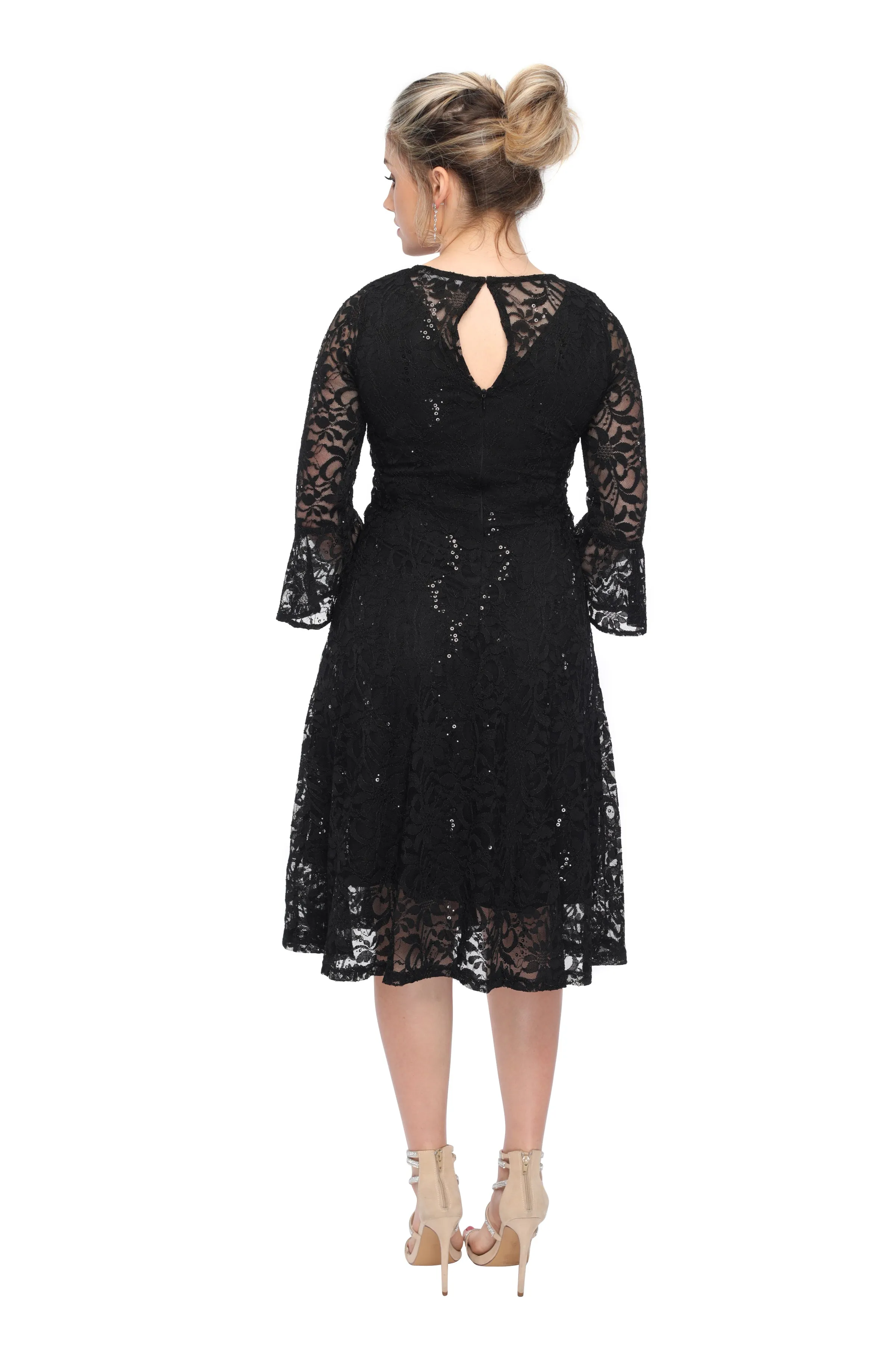 SleekTrends Women's Sequin Lace Bell Sleeve Fit and Flare Party Dress