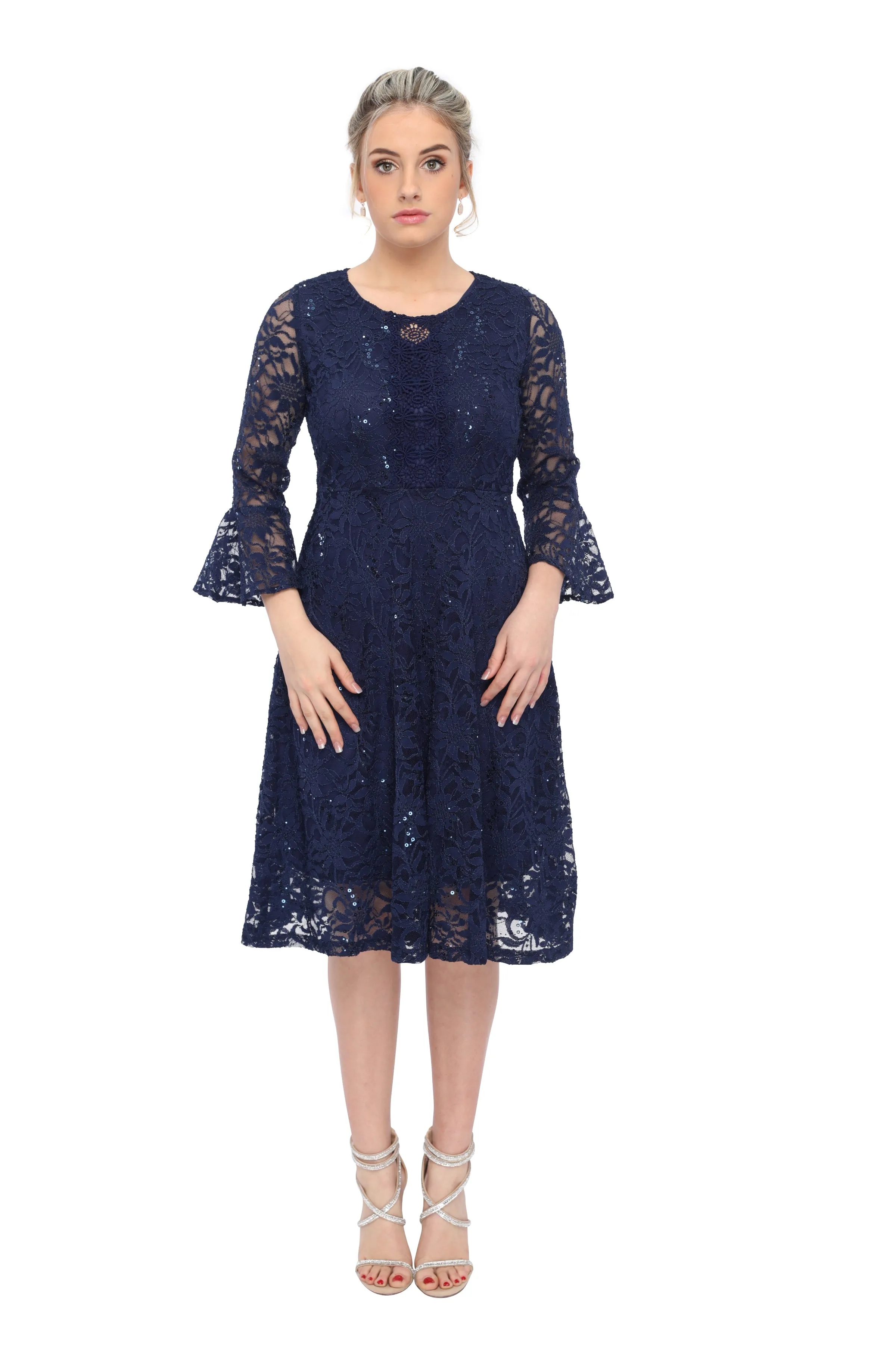 SleekTrends Women's Sequin Lace Bell Sleeve Fit and Flare Party Dress