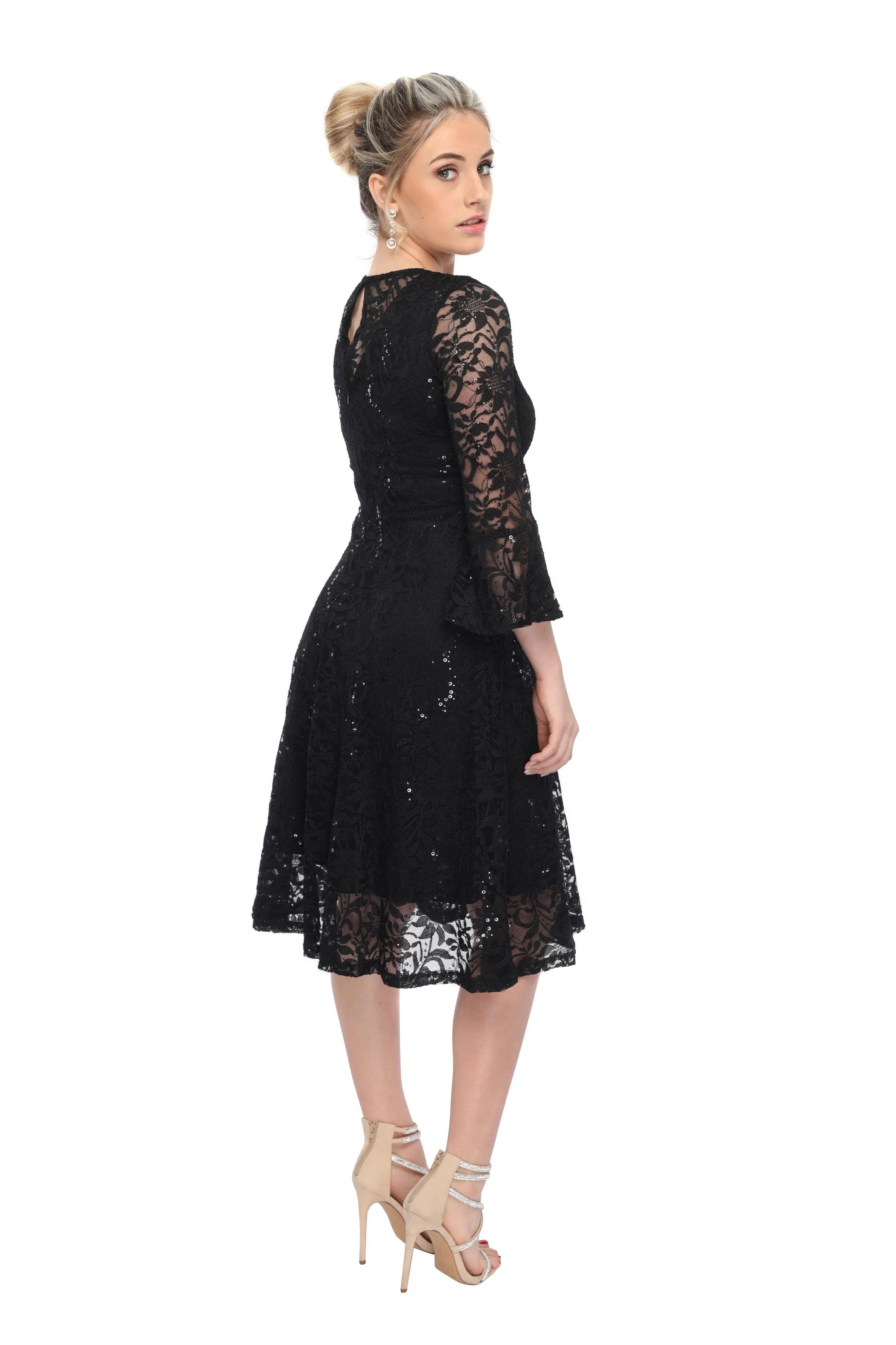 SleekTrends Women's Sequin Lace Bell Sleeve Fit and Flare Party Dress