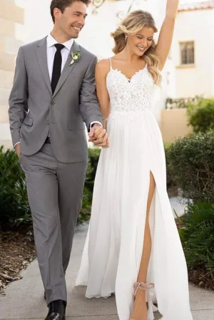 Spaghetti Straps Lace Chiffon Long Flowy Beach Wedding Dresses, Bridal Gowns UQW0098