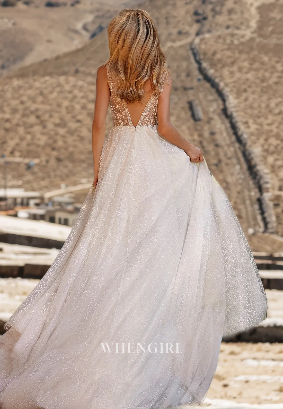 Spaghetti Straps V-Neck A-Line Slit Sleeveless Pleats Lace Wedding Dress with Sequins Bridal Gowns