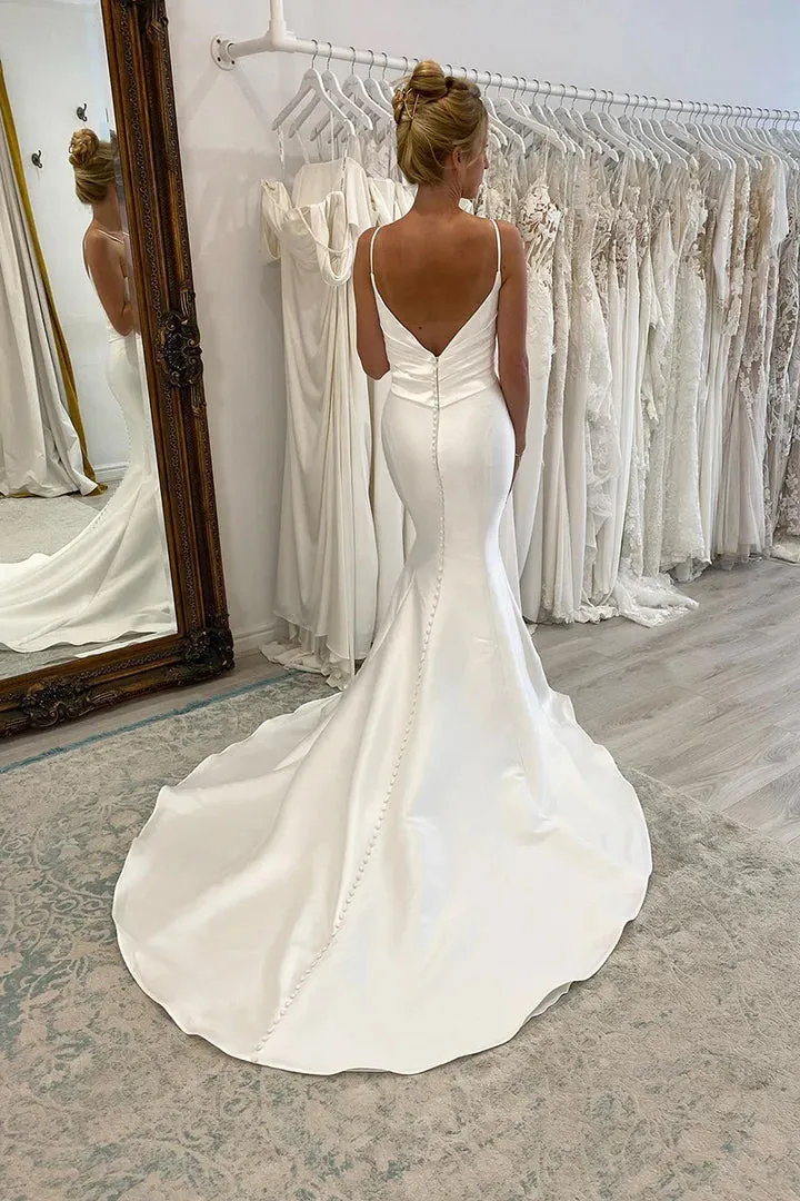 Spaghetti Straps V-neck Pleats Simple Mermaid Satin Wedding Dress  WD650