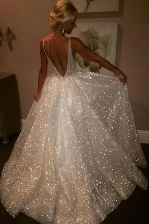 Sparkly Tulle V Neck  Long Prom Dress Backless Wedding Dress