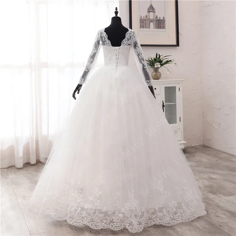 Spring Lace Appliques Wedding Dresses Long Sleeve White V-Neck Princess Bride Wedding Gowns Plus Size