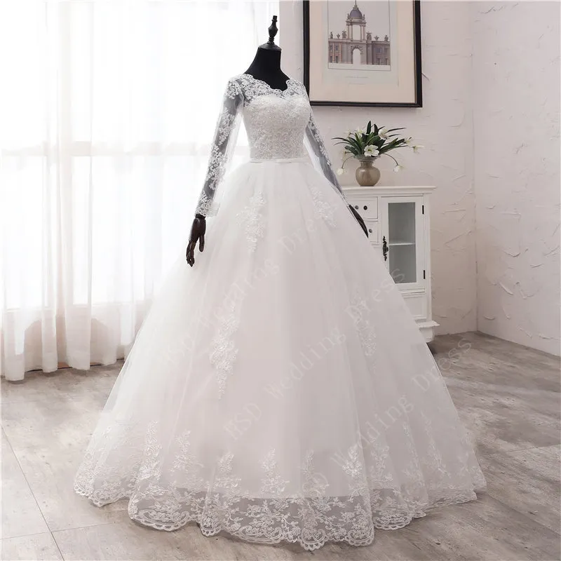 Spring Lace Appliques Wedding Dresses Long Sleeve White V-Neck Princess Bride Wedding Gowns Plus Size