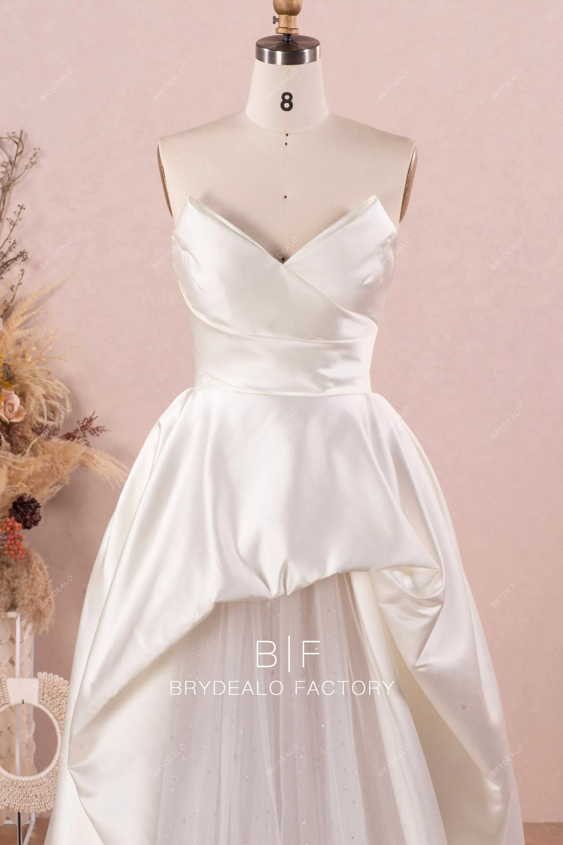 Strapless Designer Satin Destination Wedding Ball Gown with Pocket