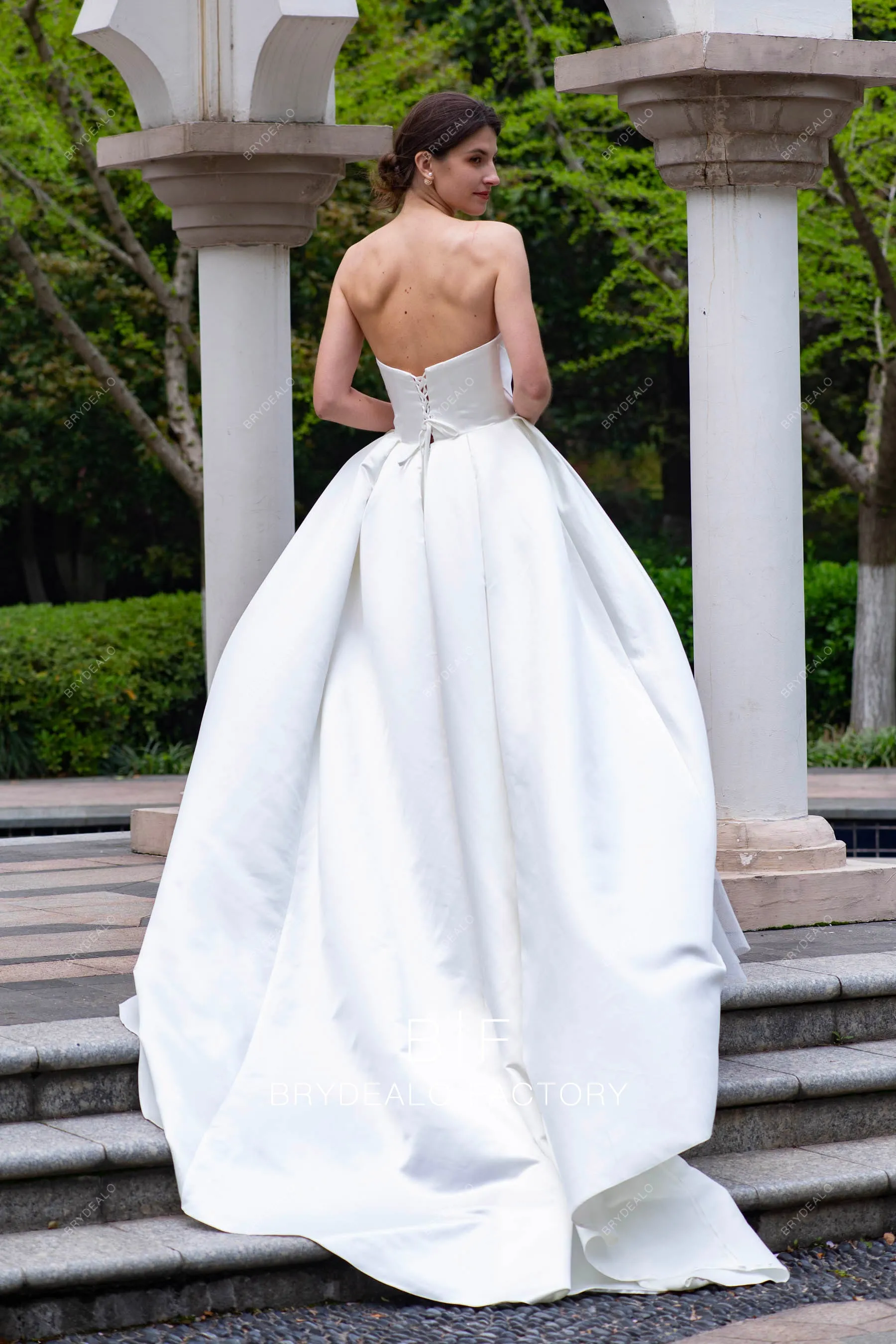 Strapless Designer Satin Destination Wedding Ball Gown with Pocket