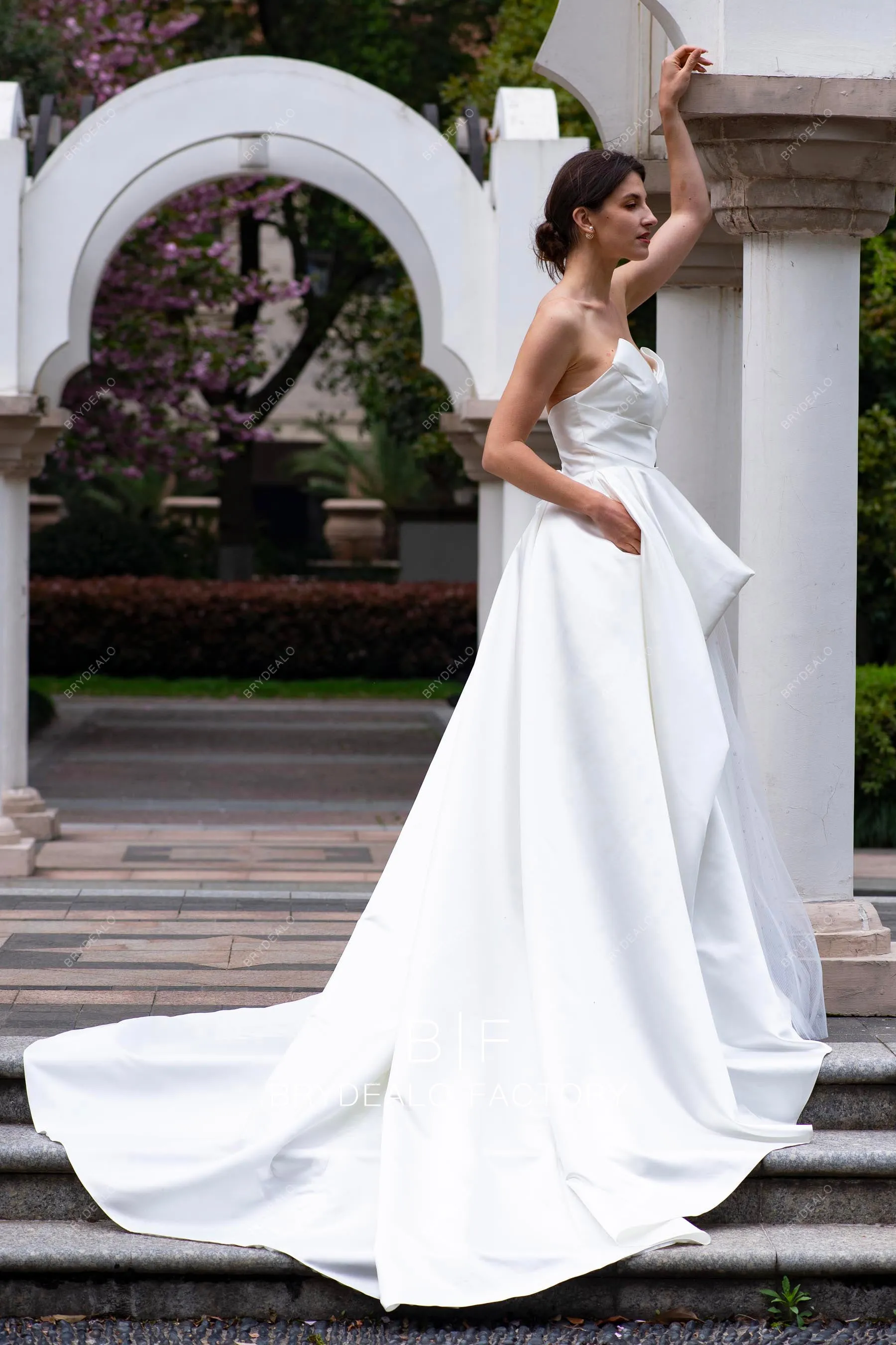 Strapless Designer Satin Destination Wedding Ball Gown with Pocket