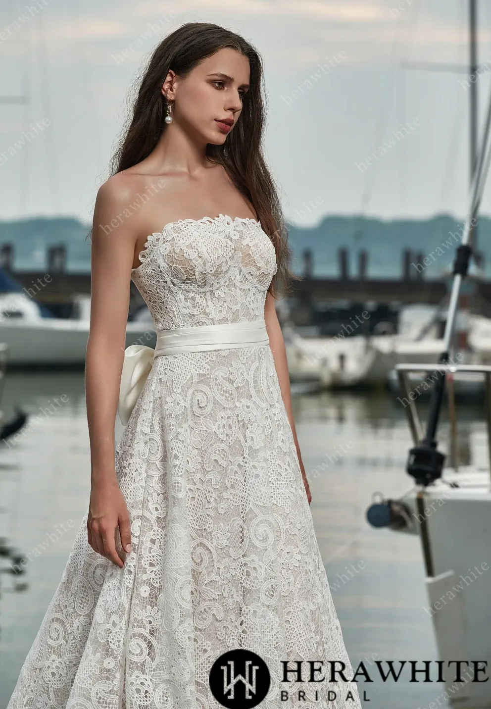 Strapless Lace Wedding Dress with Belt and Detachable Bow