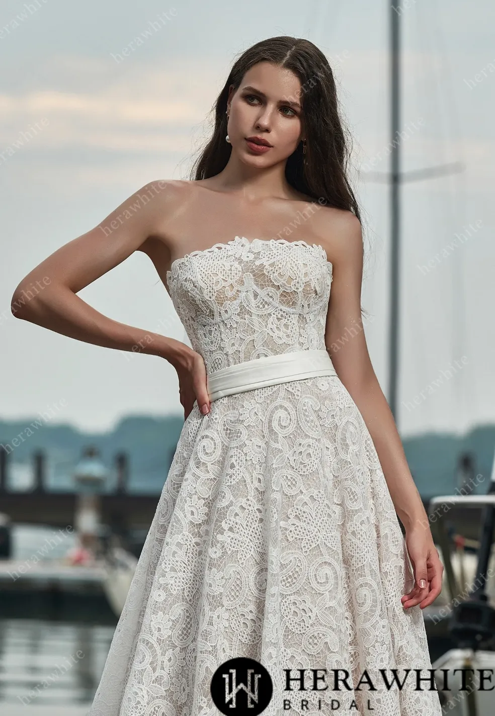 Strapless Lace Wedding Dress with Belt and Detachable Bow