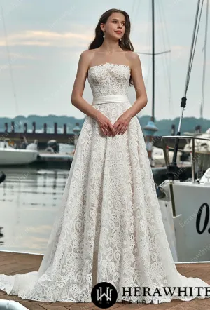 Strapless Lace Wedding Dress with Belt and Detachable Bow