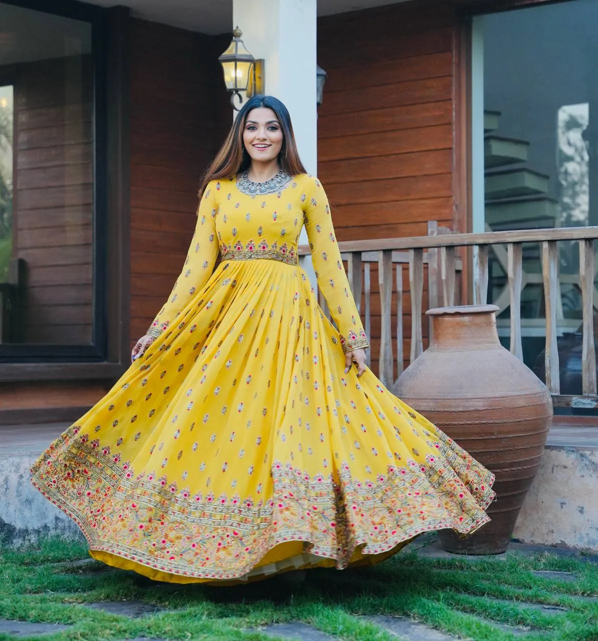 Stylish Yellow Color Embroidery Work Gown