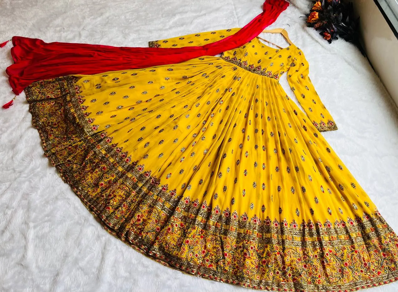 Stylish Yellow Color Embroidery Work Gown