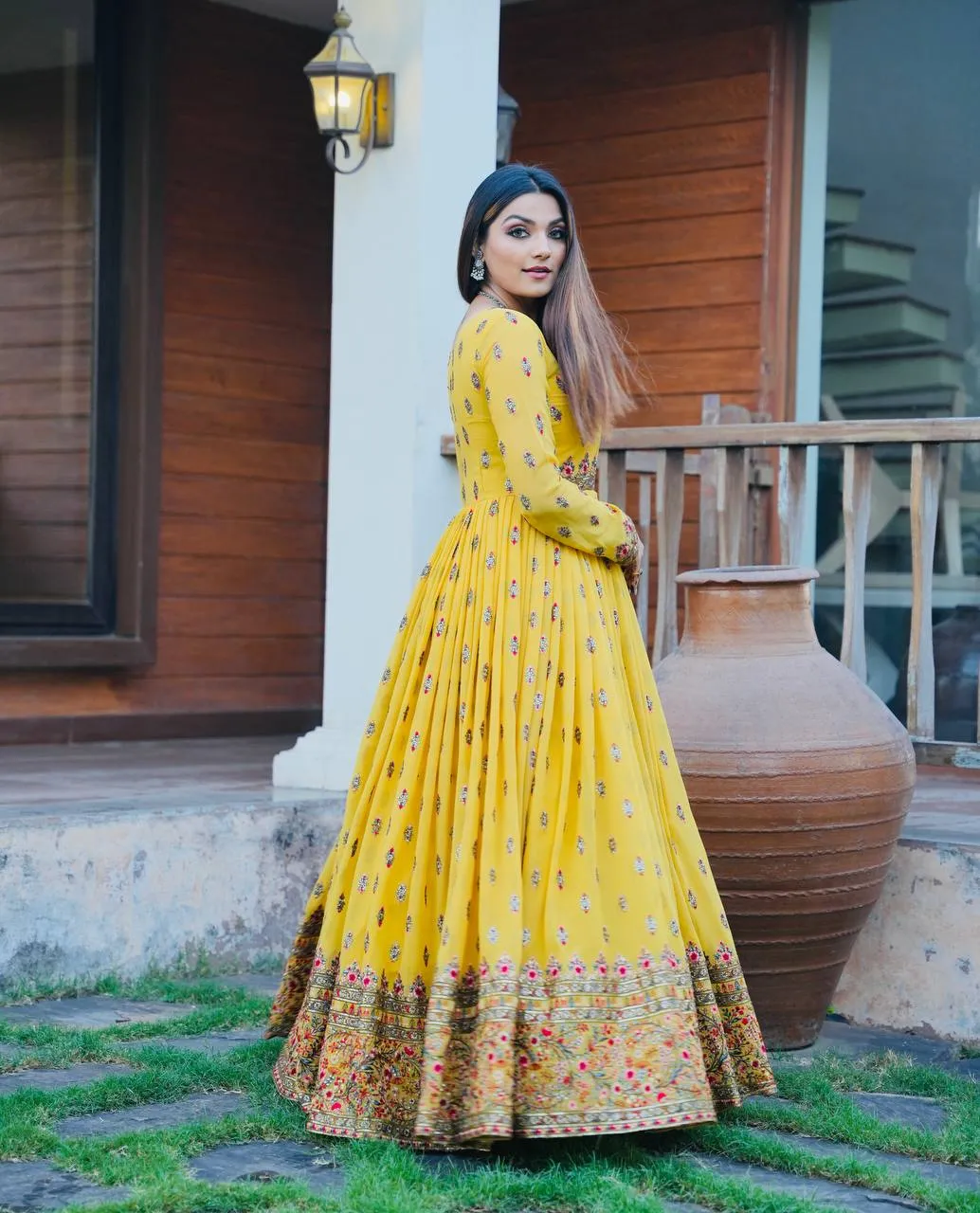 Stylish Yellow Color Embroidery Work Gown