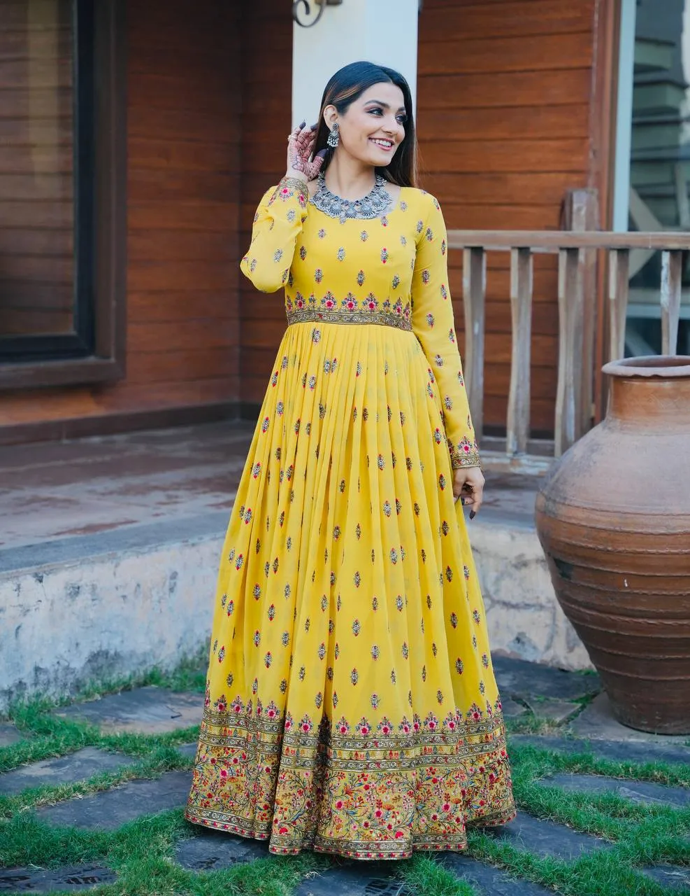 Stylish Yellow Color Embroidery Work Gown