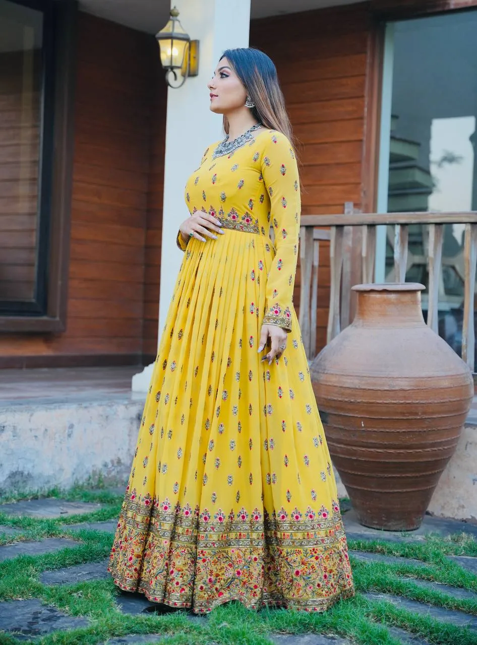 Stylish Yellow Color Embroidery Work Gown