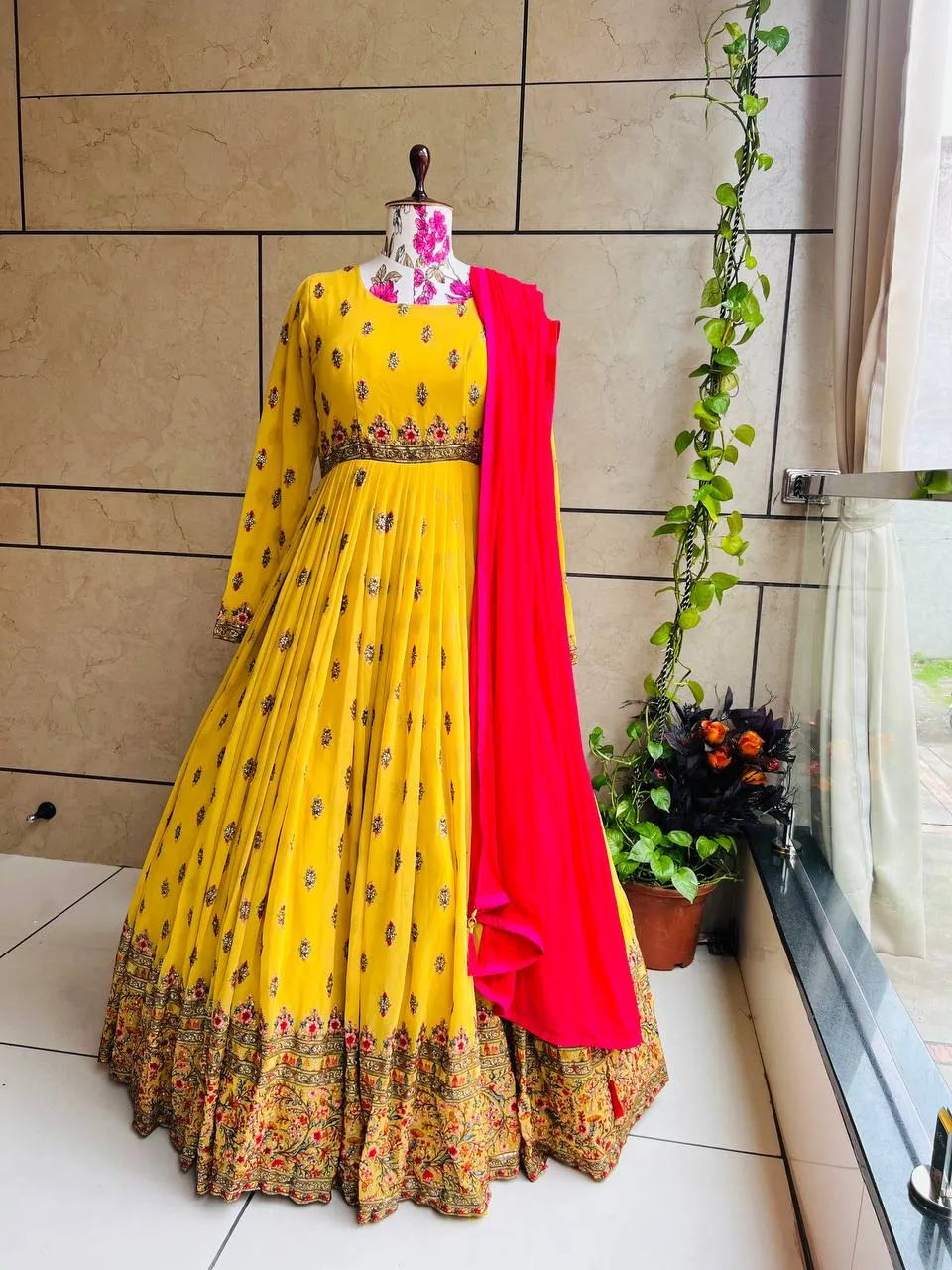 Stylish Yellow Color Embroidery Work Gown